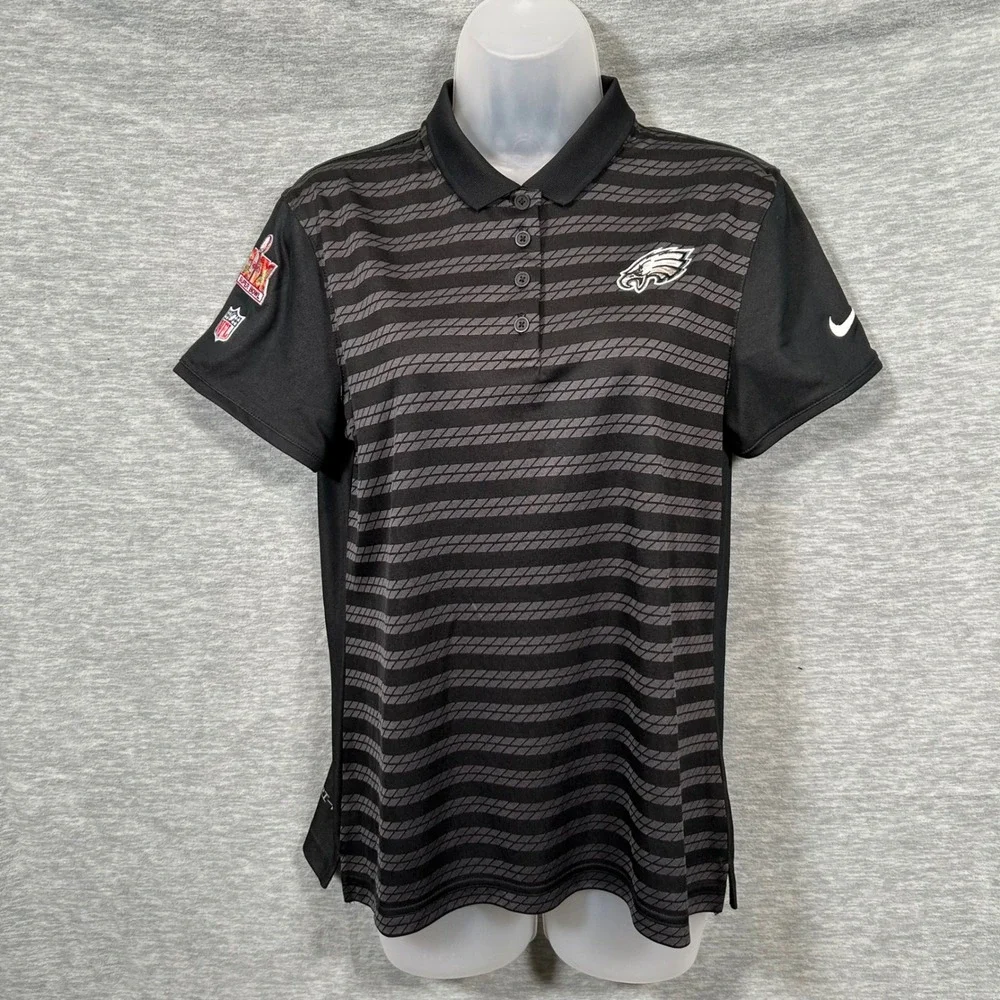 Nike Dri-Fit Polo Women Medium Black Gray NFL Philadelphia Eagles Super Bowl‎ 59